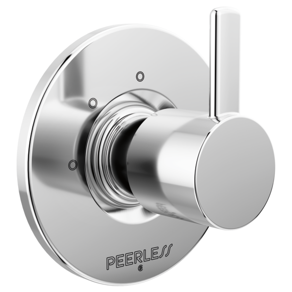 Chrome faucet diverter trim with circular backing plate, cylindrical handle, and vertical lever on polished metal finish.
