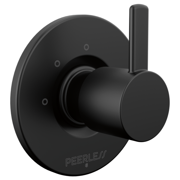 Matte black round faucet trim with cylindrical lever handle and three-setting diverter control.