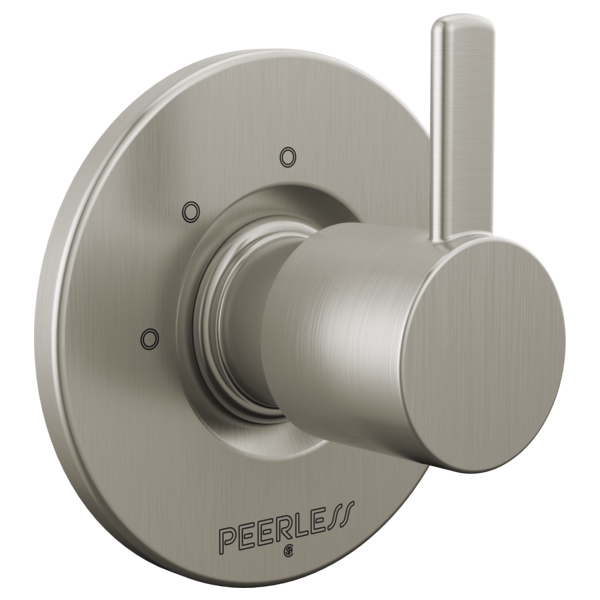 Brushed nickel faucet diverter trim with circular escutcheon plate, cylindrical handle, and three mounting holes.