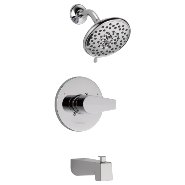 Chrome showerhead with multiple spray holes, round trim plate valve, and square tub spout with integrated diverter.
