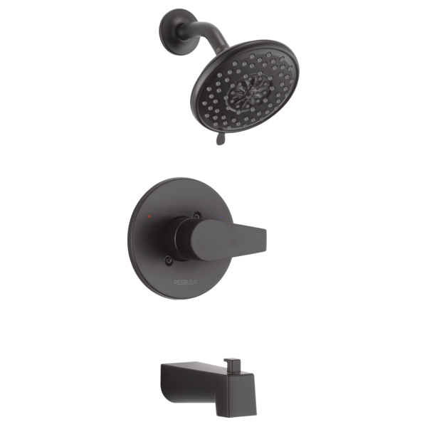 Matte black tub and shower trim kit with round showerhead, lever handle valve, and tub spout.