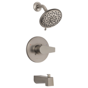 Brushed nickel tub and shower trim kit with rainfall showerhead, lever handle valve, and tub spout.
