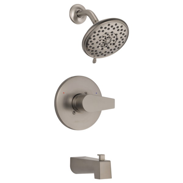 Brushed nickel tub and shower trim kit with rainfall showerhead, lever handle valve, and tub spout.