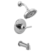 Chrome tub/shower trim with single lever valve, curved spout, and multi-spray showerhead.