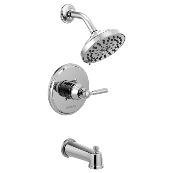 Chrome tub/shower trim with single lever valve, curved spout, and multi-spray showerhead.