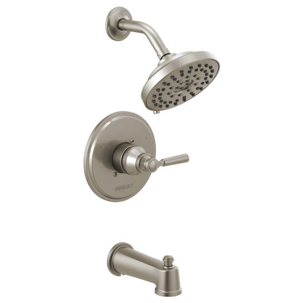 Brushed nickel tub and shower trim with single lever handle, curved spout, and overhead showerhead with spray holes.