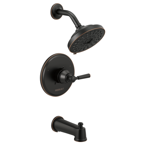 Black tub and shower trim set with round showerhead, single-lever valve, and tub spout.
