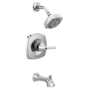 Chrome tub shower trim kit with showerhead, valve trim plate with lever handle, and tub spout.
