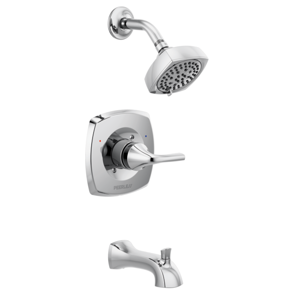 Chrome tub shower trim kit with showerhead, valve trim plate with lever handle, and tub spout.
