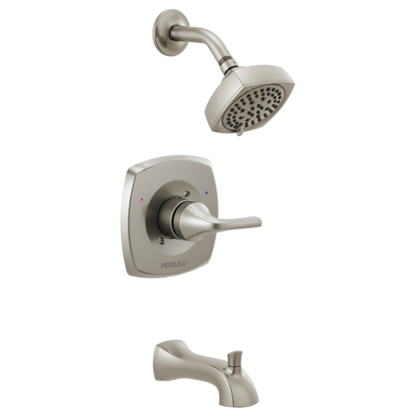 Brushed nickel tub shower trim kit with square showerhead, lever handle valve, and curved tub spout.