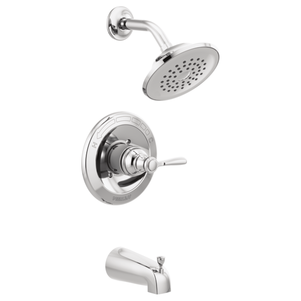 Chrome tub shower trim kit with round showerhead, valve trim plate with lever handle, and tub spout.