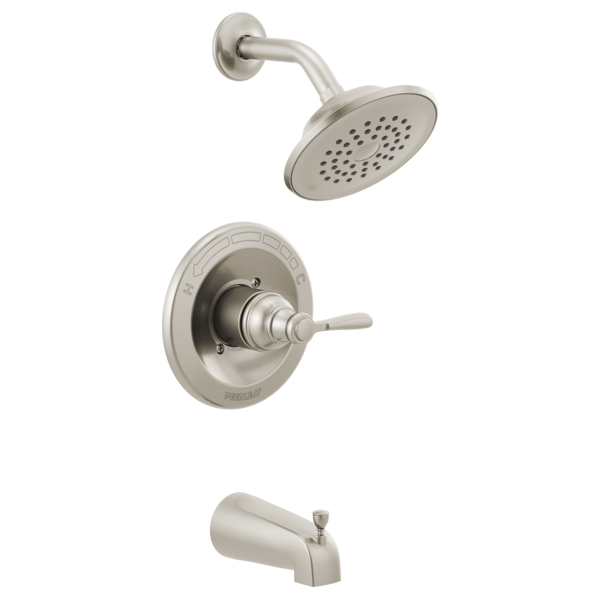 Brushed nickel tub and shower trim kit with single-lever valve, showerhead, and tub spout.