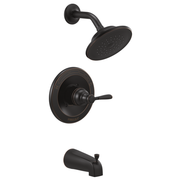 Black tub and shower trim kit with round showerhead, wall-mounted valve, and tub spout.