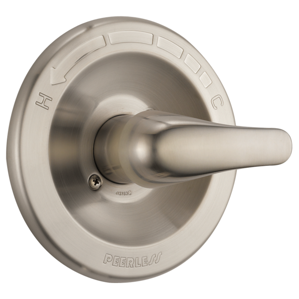 Brushed nickel faucet trim kit with circular escutcheon plate and single lever handle marked with hot and cold indicators.