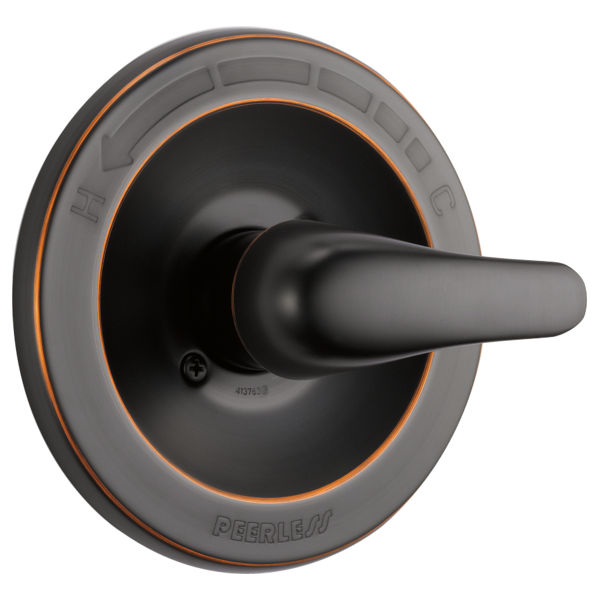 Black and bronze faucet trim kit with round escutcheon plate and single lever handle.