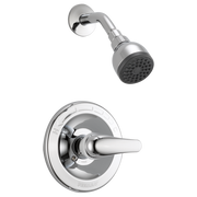 Chrome shower trim kit with round escutcheon plate, lever handle, and fixed showerhead with multiple spray holes.