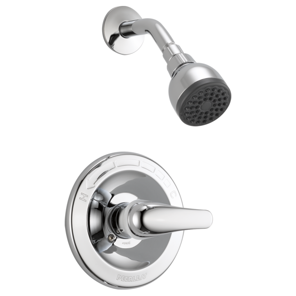 Chrome shower trim kit with round escutcheon plate, lever handle, and fixed showerhead with multiple spray holes.