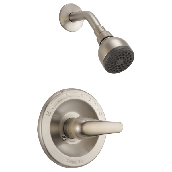 Brushed nickel shower trim kit with round showerhead and angled arm mounted on circular escutcheon plate with lever handle.