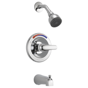 Chrome tub and shower trim kit with single lever handle, showerhead, spout, and red/blue temperature indicator.