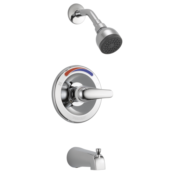 Chrome tub and shower trim kit with single lever handle, showerhead, spout, and red/blue temperature indicator.
