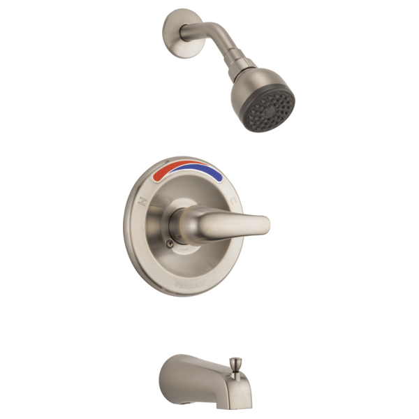 Brushed nickel tub and shower trim kit with single lever handle, showerhead, and red/blue temperature indicator.