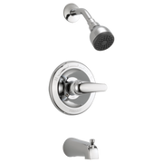 Chrome tub and shower trim kit with single-lever handle, showerhead, and tub spout.