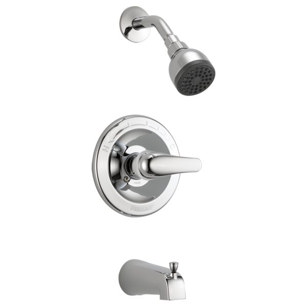 Chrome tub and shower trim kit with single-lever handle, showerhead, and tub spout.