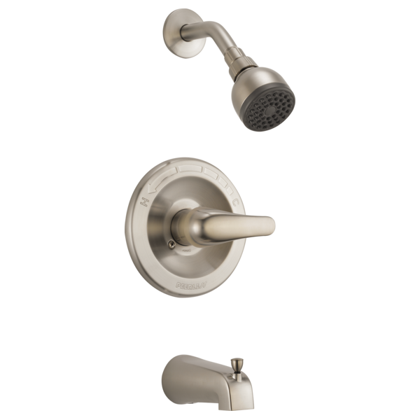 Brushed nickel tub and shower trim kit with single-handle lever control, round escutcheon, showerhead, and tub spout.