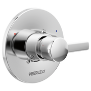 Chrome Peerless Precept valve trim with round escutcheon plate and single lever handle.
