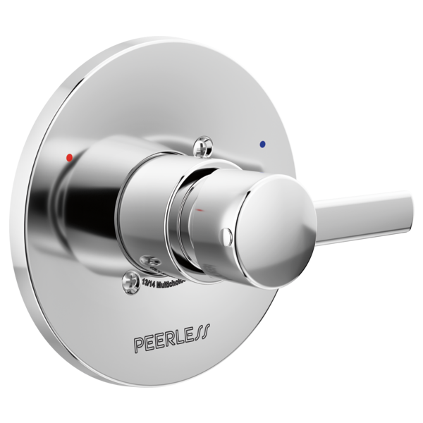 Chrome Peerless Precept valve trim with round escutcheon plate and single lever handle.