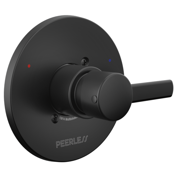 Peerless Precept valve trim with matte black round escutcheon plate and single lever handle.