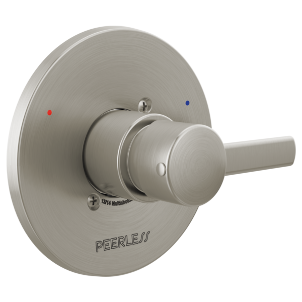 Brushed nickel single-handle faucet valve trim with round escutcheon plate and lever handle.