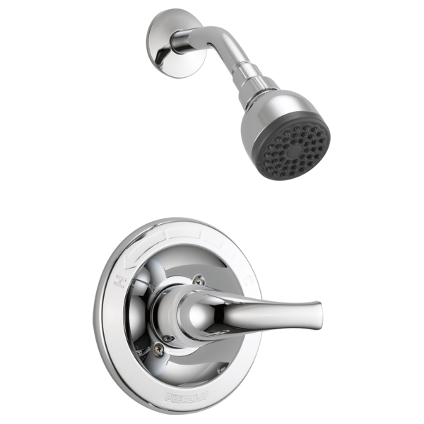 Chrome shower trim kit with round wall-mounted escutcheon, angled shower arm, showerhead with spray holes, and long lever han
