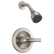 Brushed nickel shower trim kit with round wall plate, lever handle, and matching showerhead with multiple spray holes.