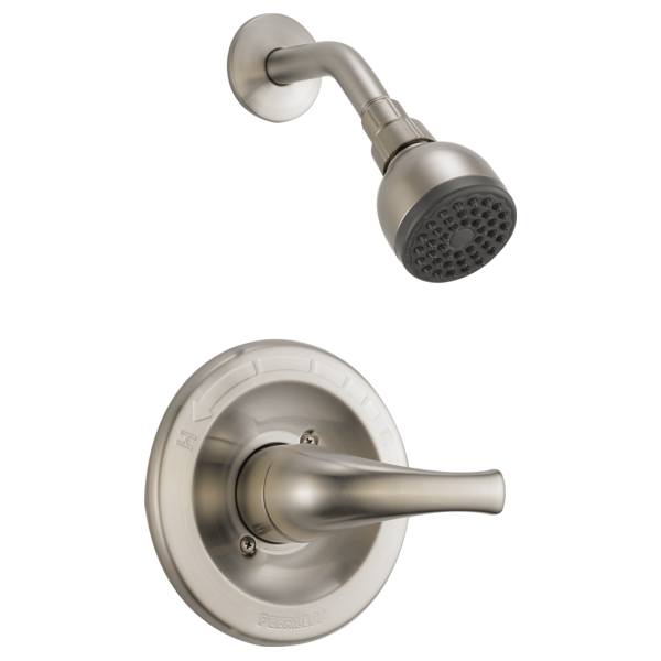 Brushed nickel shower trim kit with round wall plate, lever handle, and matching showerhead with multiple spray holes.