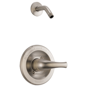 Brushed nickel shower trim with single lever handle and wall-mounted arm, without shower head.