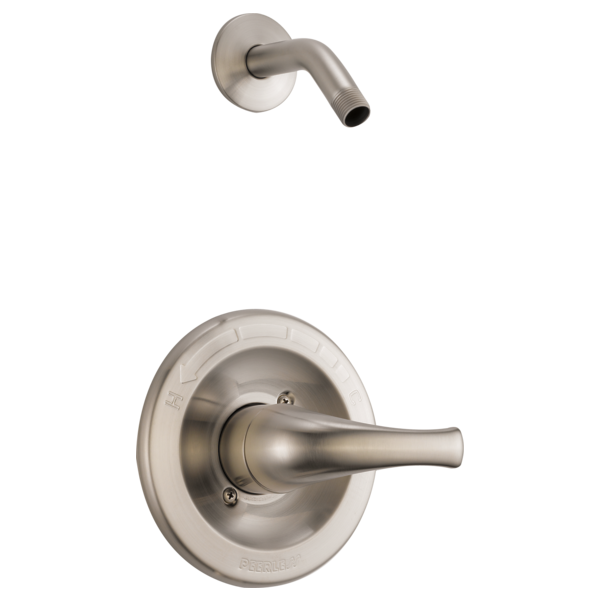 Brushed nickel shower trim with single lever handle and wall-mounted arm, without shower head.
