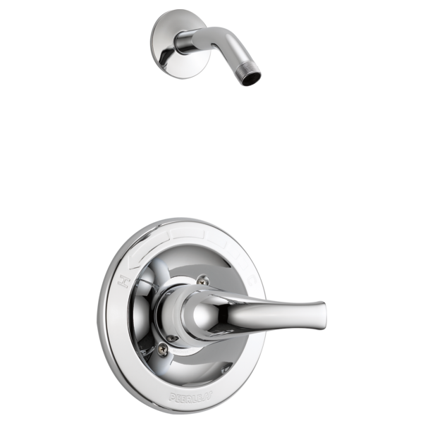 Chrome shower trim with wall-mounted round escutcheon, lever handle, and angled arm outlet without shower head.