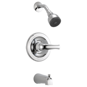 Chrome tub and shower trim kit with round showerhead, lever handle, and tub spout.