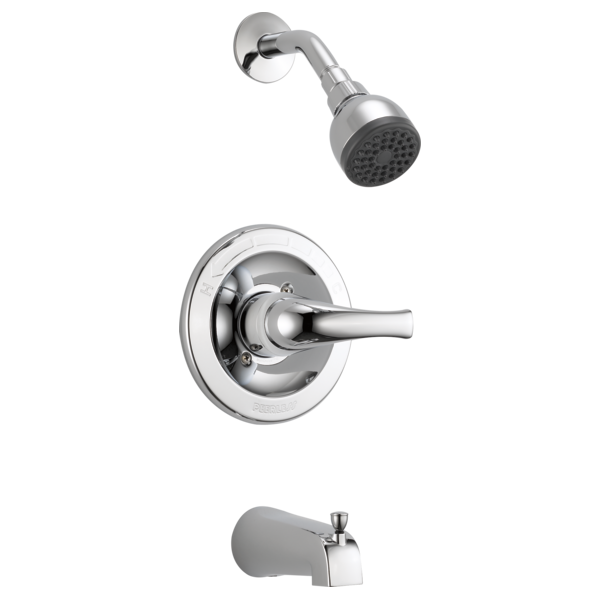Chrome tub and shower trim kit with round showerhead, lever handle, and tub spout.