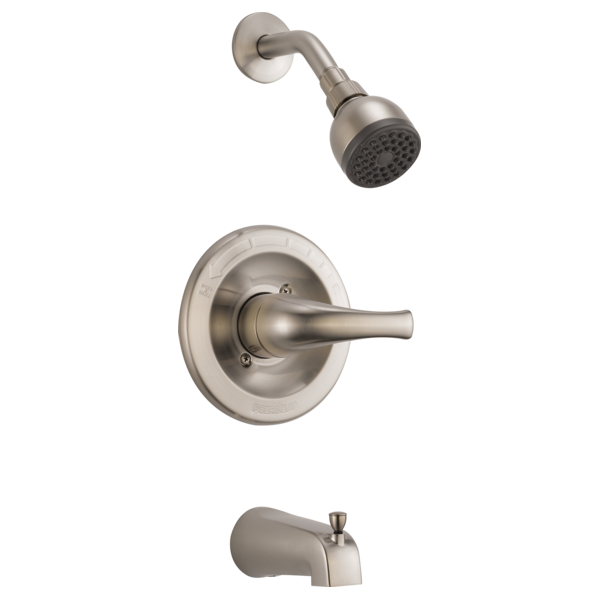 Brushed nickel tub and shower trim kit with single lever handle, round escutcheon, and rainfall showerhead.