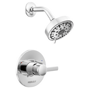 Chrome shower trim kit with round showerhead and wall-mounted lever handle valve.