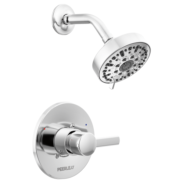 Chrome shower trim kit with round showerhead and wall-mounted lever handle valve.