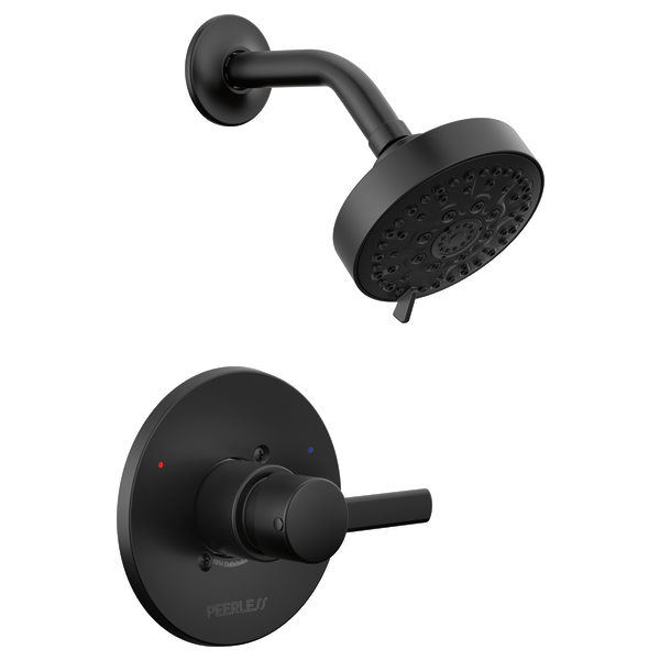 Black shower trim kit with round wall-mounted valve and matching showerhead with multiple spray holes.