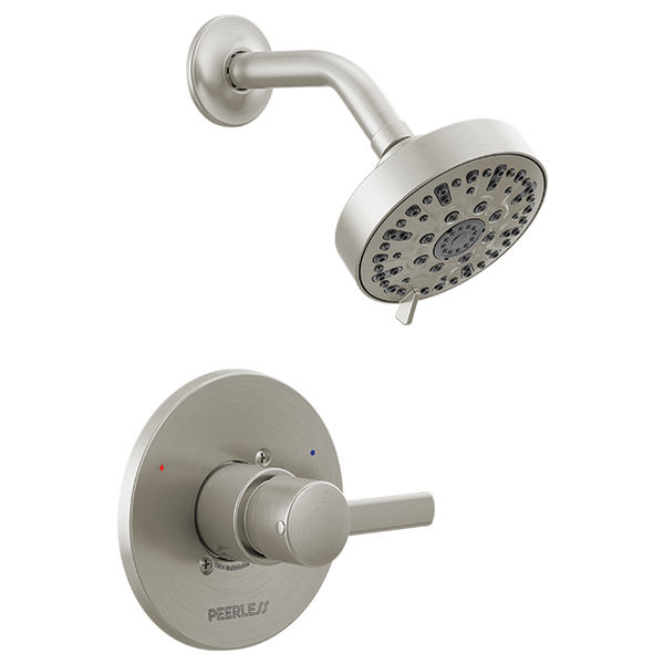 Brushed nickel shower trim kit with round showerhead and single-lever wall-mounted valve control.