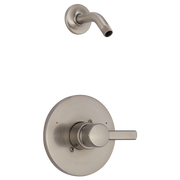 Brushed nickel shower trim with round escutcheon, single lever handle, and curved shower arm without showerhead attached.