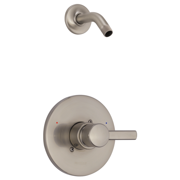 Brushed nickel shower trim with round escutcheon, single lever handle, and curved shower arm without showerhead attached.