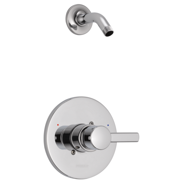 Chrome shower trim with circular escutcheon plate and single lever handle, includes curved shower arm without showerhead.
