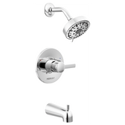 Chrome tub and shower trim kit with single-handle valve, curved spout, and multi-spray showerhead.