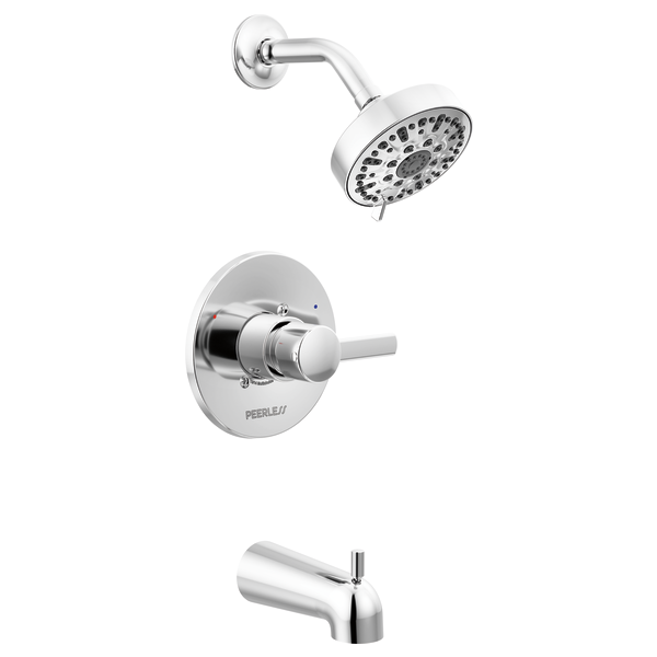 Chrome tub and shower trim kit with single-handle valve, curved spout, and multi-spray showerhead.